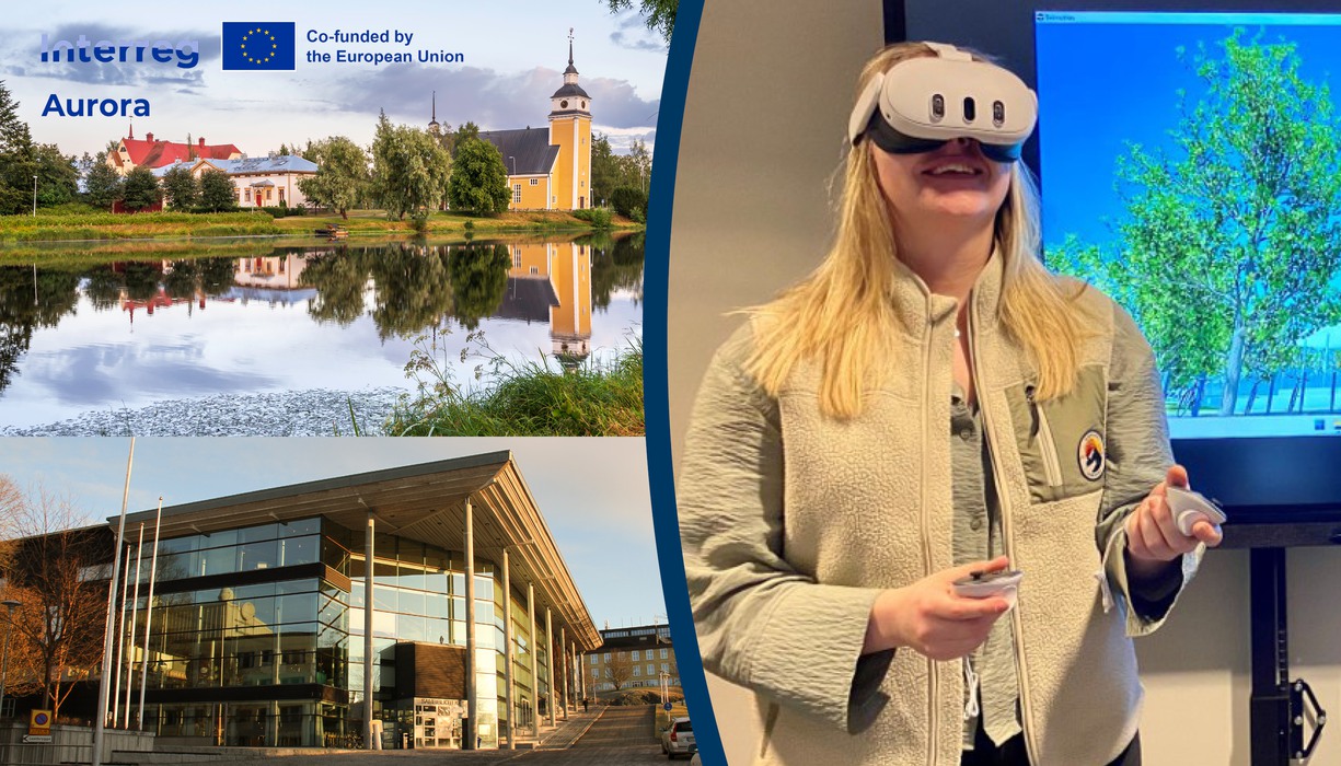 Bild på Nykarleby stad, Sambiblioteket i Härnösand och en kvinna som står med Vr-glasögon.